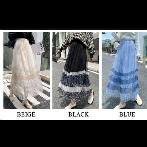 ヒョウ柄メッシュ切替プリーツロングスカート