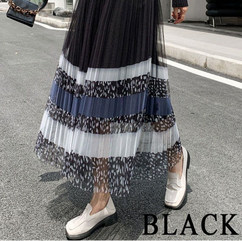 ヒョウ柄メッシュ切替プリーツロングスカート