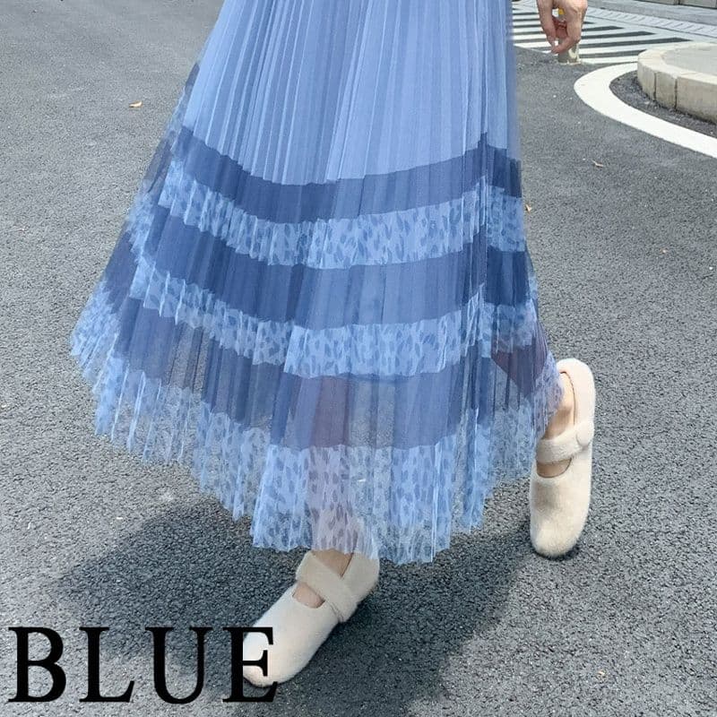 ヒョウ柄メッシュ切替プリーツロングスカート