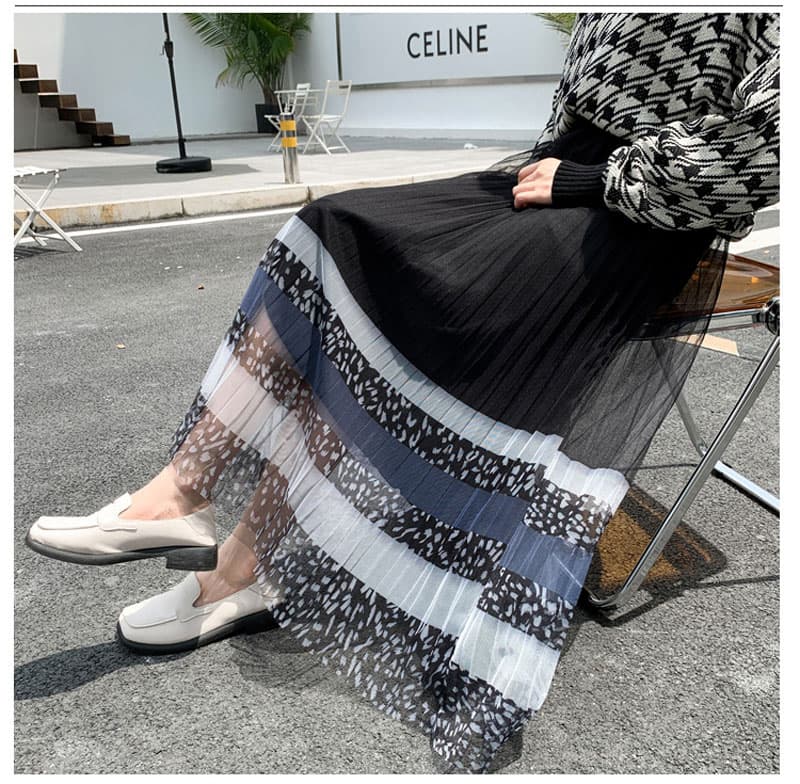 ヒョウ柄メッシュ切替プリーツロングスカート