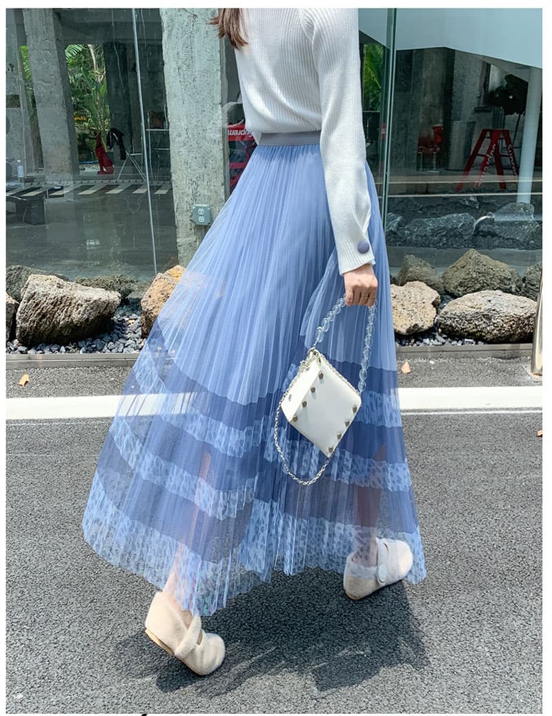 ヒョウ柄メッシュ切替プリーツロングスカート