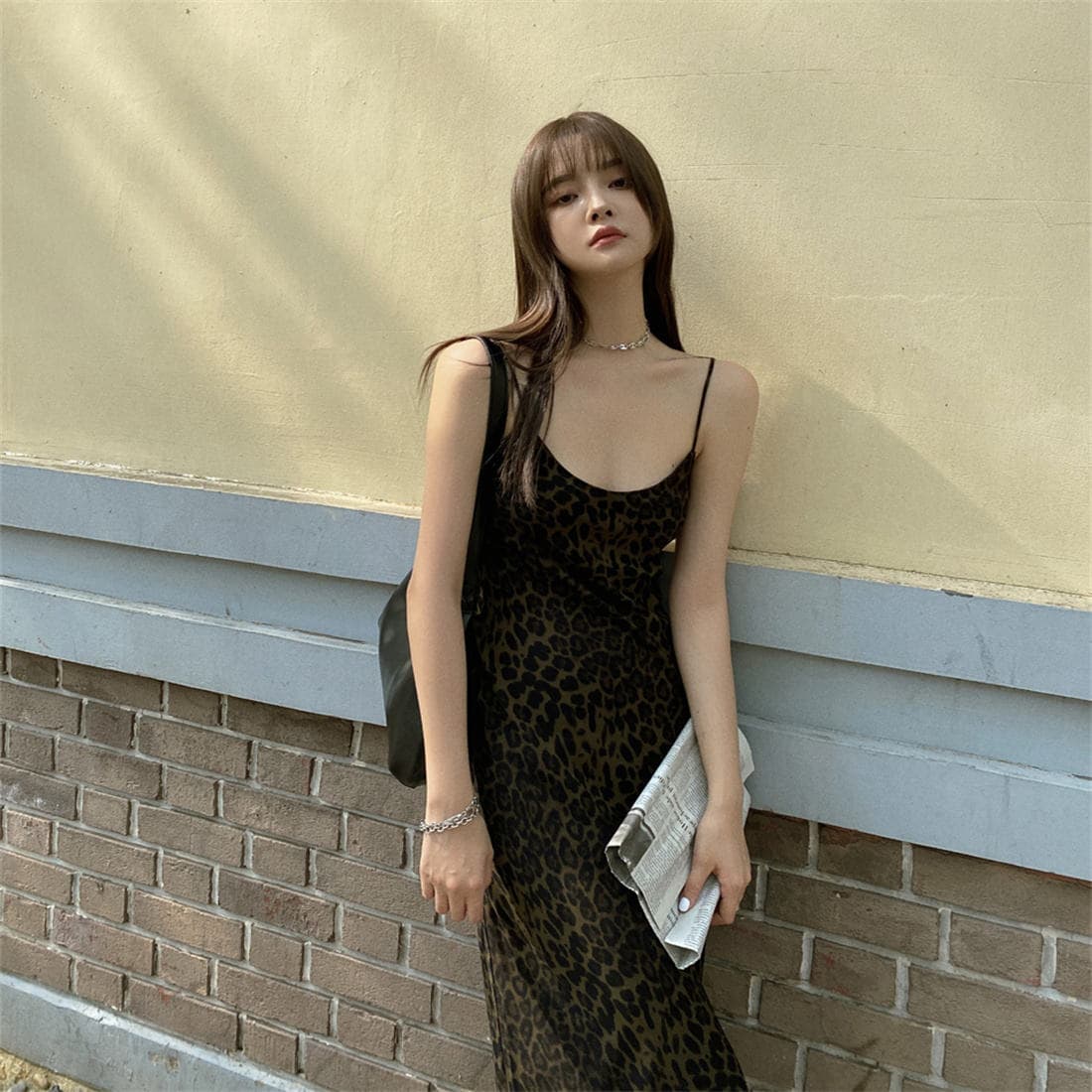 上品ヒョウ柄 キャミソールワンピース トップス 夏服 スリング