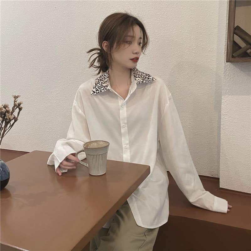 個性的 ヒョウ柄襟 ゆったりブラウス トップス