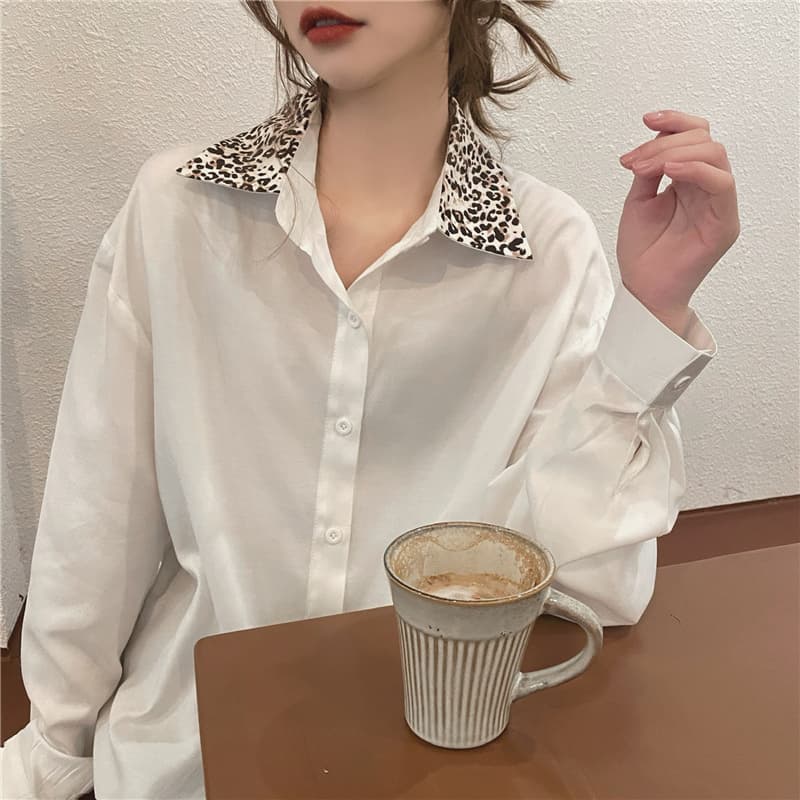 個性的 ヒョウ柄襟 ゆったりブラウス トップス