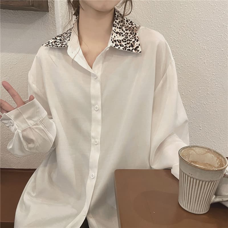 個性的 ヒョウ柄襟 ゆったりブラウス トップス