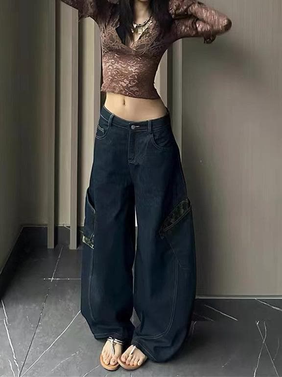 ヒョウ柄 ワイルド切替デニムパンツ