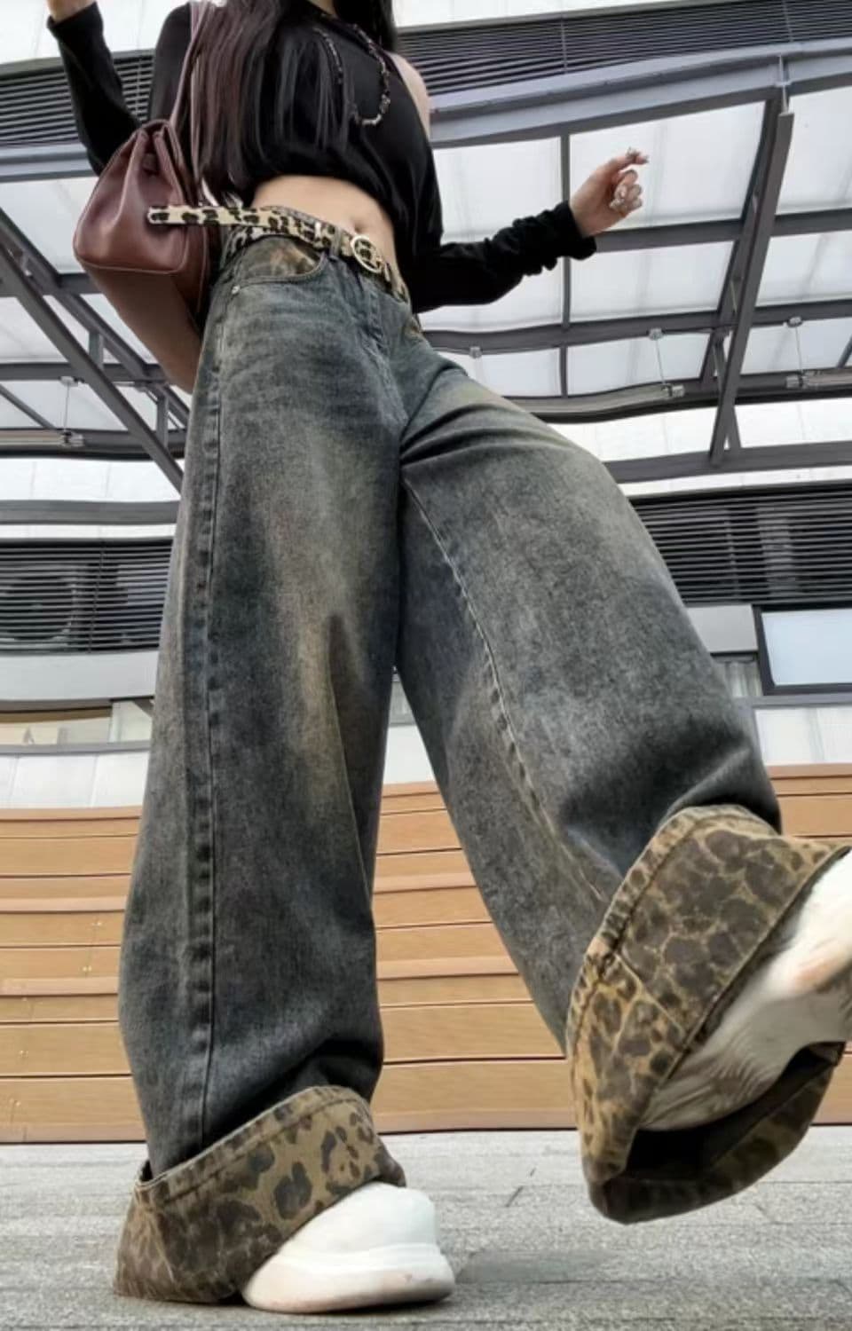 ヒョウ柄 ヒョウ柄アクセント極太デニムパンツ