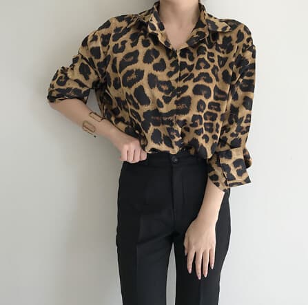 春トレンド ヒョウ柄長袖シャツ レトロ風トップス